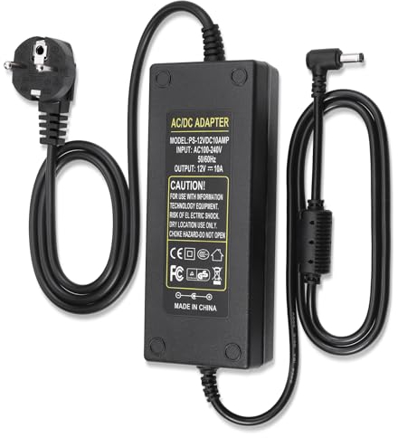 JIZZU Adaptador de Corriente de 12V 10A, Convertidor de Voltaje DC 120 W, Fuente de Alimentación Transformador, Transformador LED con 5,5 mm x 2,5 mm/2,1 mm para Cámara CCTV, Cámara de Vigilancia