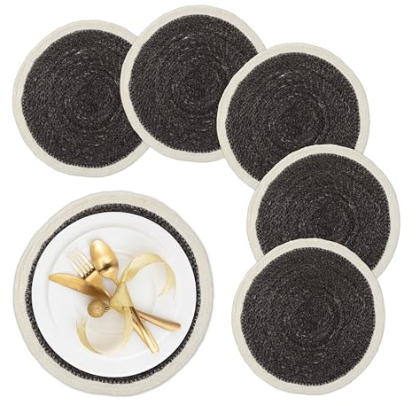Relaxdays Tischset, 6-teilig, geflochten, Seegras, Ø 37 cm, rundes Platzset für Esstisch, Platzdeckchen, schwarz/Creme | rundes Platzset für Esstisch, Platzdeckchen