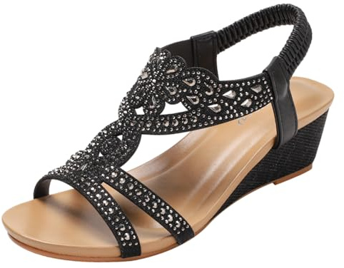 rismart kil sandaler för kvinnor T-bar slingback bohemiska sommar romerska skor, Svart, 39.5 EU