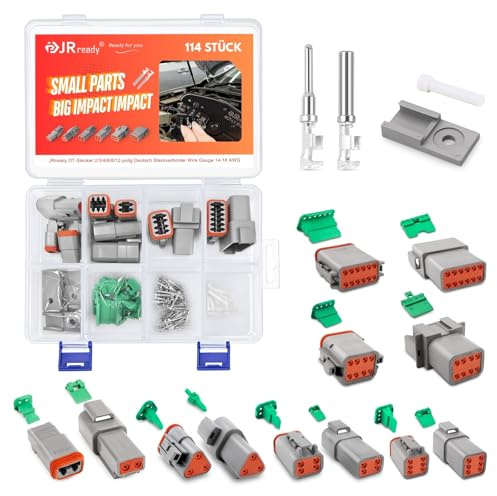 JRready DT-kontakter-set, 6 uppsättningar DT-kontakt 2/3/4/6/8/12-poler, tyska kontakter, grå, IP68, vattentät med terminal, Wire Gauge 14–18 AWG tyska kontakter, sortiment för bil, lastbil,