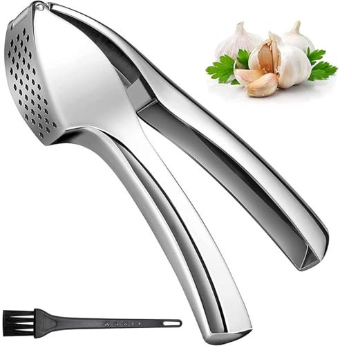 Garlic Press Garlic Crusher, Silver Garlic Rocker with 1* Cleaning Brush, 304 Kitchen Stainless Steel Garlic Mincer, Garlic Grater Chopper for Crushing Garlic, Rust-Proof and Sturdy