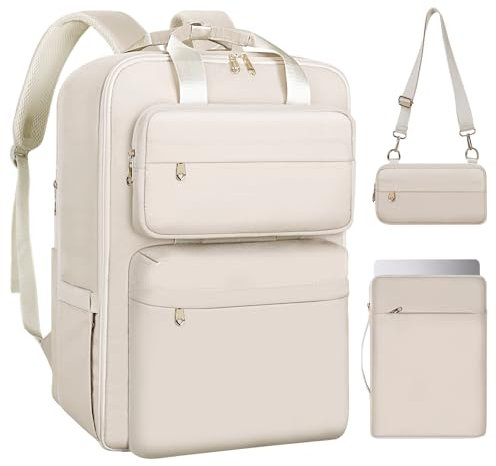 BERTASCHE Reiserucksack Erweiterbarer Damen, 35L Handgepäck Rucksack Flugzeug mit Schuhfach, 15.6 Zoll Laptop Rucksack für Reise, Geschäftsreise, Weekend, Business, Beige