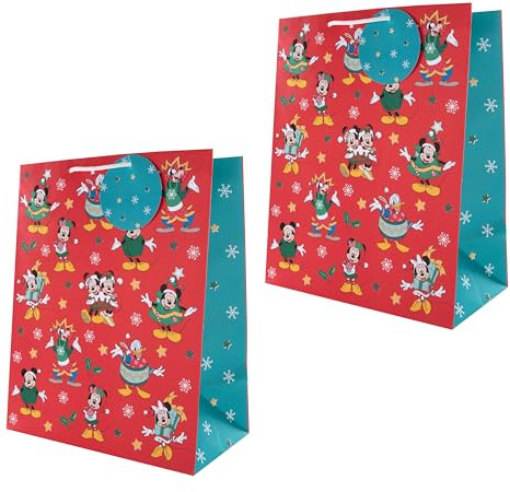 Hallmark Bolsas de regalo de Disney, paquete de 2, bolsas de regalo grandes, Navidad, Mickey Mouse, Minnie Mouse, pato Donald y Goofy, rojo, azul