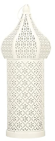 Sunicon Weiße Hohle LED-Lampe, Hohle Metalllampe im marokkanischen Stil, Vintage-Hängekerzenlaterne, batteriebetrieben, hängende dekorative Laterne für Schlafzimmer, Wohnzimmer