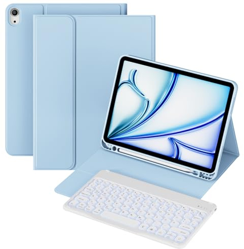 KVTVOU Hülle mit Tastatur für iPad Air 11 Zoll 2025/2024(M3/M2) & iPad Air 5./4. Generation 10,9 Zoll 2022/2020, Wiederaufladbare Drahtlose Tastatur, 7 Farben Beleuchtung, QWERTZ-Layout, Hellblau
