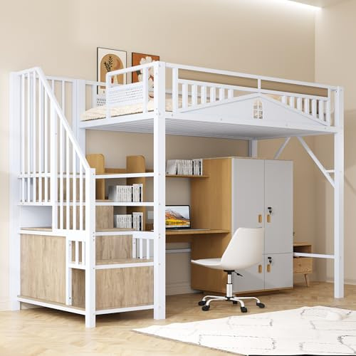 Kinderbett Etagenbett 90x200, Hochbett Hausbett mit Fenster&Treppe&Aufbewahrungsschrank, Metallbett Funktionsbett Einzelbett Jugendbett Spielbett mit Rausfallschutz&Lattenrost, Ohne Matratze, Weiß