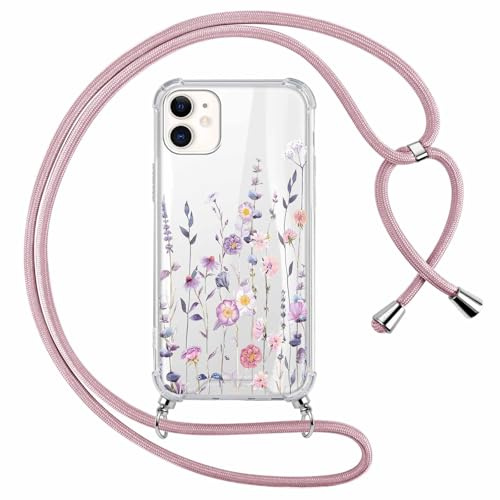 Saqmkil Handykette Handyhülle für iPhone 12/iPhone 12 Pro 6,1 Hülle mit Band, Durchsichtig Aesthetic Muster Blumen Mädchen Case mit Kordel zum Umhängen, Weiche Silikon TPU + PC Stoßfest Schutzhülle