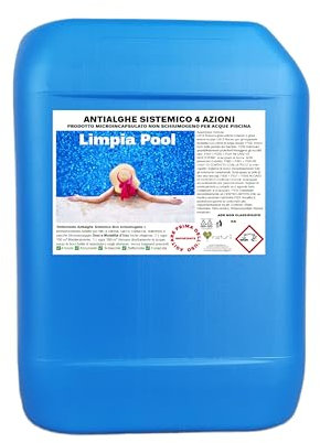 kg 10 Antialghe Piscina Sistemico Microincapsulato Non Schiumogeno e Termoresistente Azzurrante, Schiarente, Fungicida Adatto per Tutti i Filtri Piscina e Vasche Idromassaggio