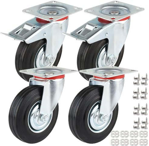 IQWTU Ruote per Carichi Pesanti da 125 mm con Freno, 4 Rotelle per Mobile Rotelle Girevoli fino 400 kg, Ruote di Trasporto Rotazione 360°, Gomma Ruote industriali Pesanti (2 Girevoli + 2 Con Freno)