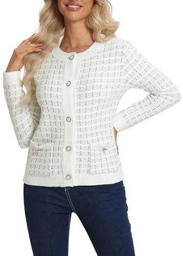 Mujeres Elegante Slim Fit Manga Larga Cuello Redondo Cárdigan Button Down Frente Abierto Punto Chaqueta con Bolsillos(XL, Blanco)