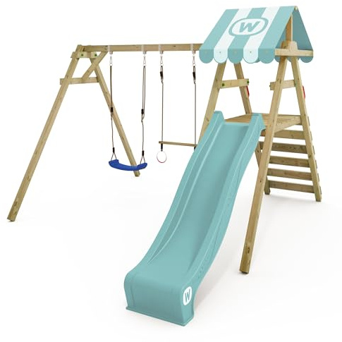 WICKEY Kinderschaukel Schaukelgestell Smart Ace mit pastellblauer Rutsche & Schaukel, Schaukelgerüst mit Leiter, Doppelschaukel, Holzschaukel für Kinder Im Garten