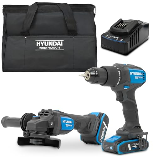 Hyundai 20V Cordless Tool Kit, Brushless Hammer Drill 60Nm, 115mm Angle Grinder, 2.0Ah & 4.0Ah Batteries, Charger