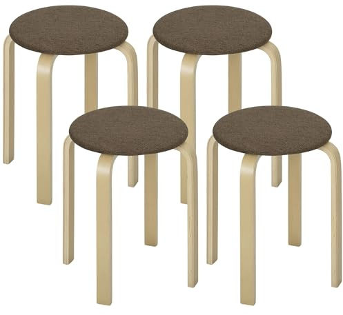 HOMCOM Juego de 4 Taburetes Apilables Redondos Taburetes Bajo de Cocina de Madera con Asiento Acolchado para Comedor Dormitorio Oficina Salón Marrón y Natural