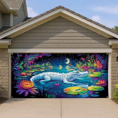 Copertura per porta del garage in alligatore, decorazione notturna per esterni, scena colorata con gigli, stile rustico per primavera ed estate, perfetta per la decorazione della casa, 390 x 180 cm