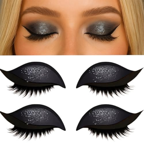 Kinretixia 2 Paar Lidschatten- und Wimpernaufkleber, Lazy Eye Shadow Eyelash Patch, 2-in-1 wiederverwendbare Lidschatten- und Wimpern-Make-up-Aufkleber (Schwarz)