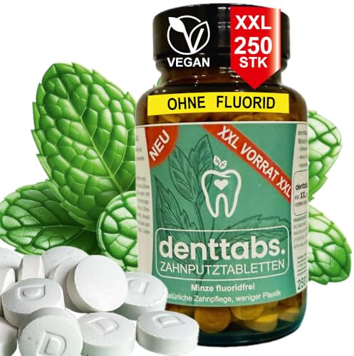 denttabs Toothpaste Tablets Mint Fluoride-Free in XXL Storage Jar 250 Tabs, Enough for 4 Months Natural Dental Care. The Complete Alternative to Conventional Toothpaste. Vegan, Fluoride Free