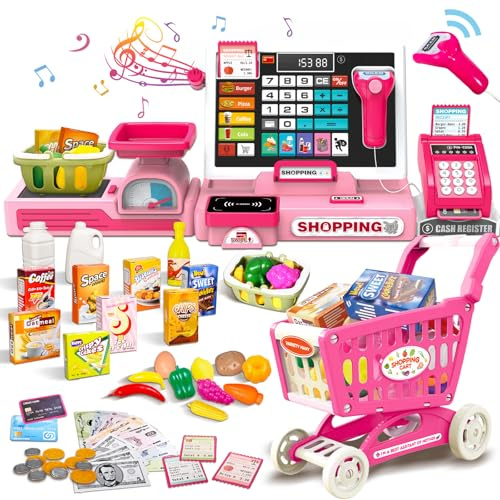 Cassa Giocattolo per Bambini con Scanner e Suono, Set per Bambini per Ragazzi e Ragazze dai 3 anni, Accessori per Negozi Elettronici, Carrello Spesa Giocattolo, Negozio, Gioco di Ruolo Regalo