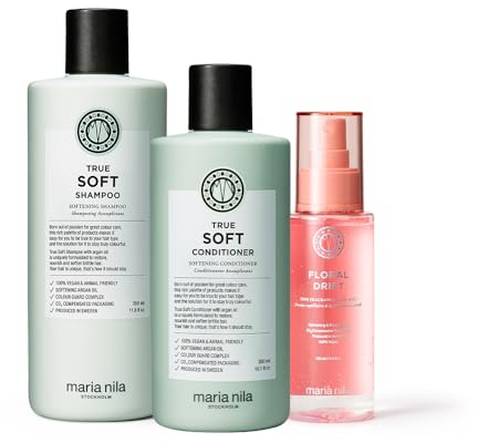 Maria Nila Geschenkset für Frauen für trockenes Haar - Holiday Box True Soft mit Shampoo, Conditioner, Hair Mist Floral Drift und Beauty Bag, Geschenk Weihnachten Anti Frizz, vegan, sulfatfrei