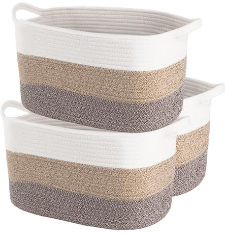 Conjunto de 3 cestas de almacenamiento con correa de algodón (caqui)| Cesta de regalo para bebés, cesta de almacenamiento para juguetes infantiles y cesta de ropa de niños | Cesta de estantería