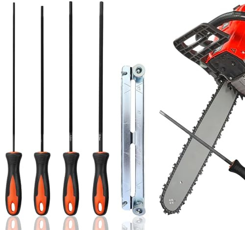 VIVIIHOO Juego de limas motosierras, Juego de Lima Redonda de 4 Piezas 3,2/4,0/4,8/5,5 mm con Mango y guía, Lima Redonda de 4 mm para motosierras, limas metálicas Profesionales para Bricolaje