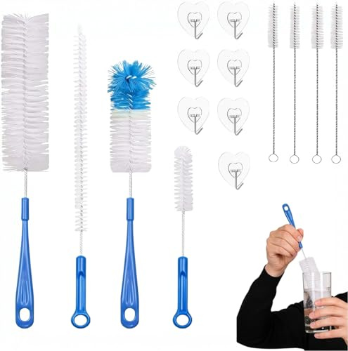 8 Stück Flaschenbürste Lang Set, Flaschenreiniger Bürste mit 7 Klebehaken | Flaschenbürsten Dünn für Flaschen, Strohhalm, Thermoskannen