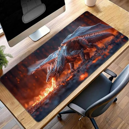 Gaming Mouse Pad, 1000x500x3 mm XXL Mouse Mat Red, Large Mousepad Dragon Extended Gaming Mats for Desk, Non-Slip Rubber Base keyboard, Stitched Edges Office Desk Accessories for Home Office PjY583 M-L