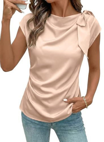 EVALESS Blusas Casuales De Mujer Bonitas 2026 Dressy Casual Business Work Trendy Cowl Neck Tops Outfits Silk Satin Blouses Pleated Bow Tie Shirts,Apricot Pink Small