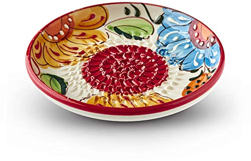 The Great Garlic Grater Garlic Grater Plate. Handmade and Hand Painted in Cordoba, Spain. White with Red Rim, Floral Style, Ceramic Material, Round Shape, Dishwasher Safe