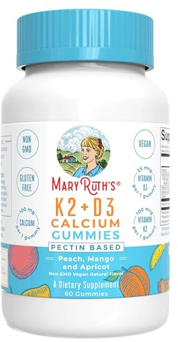 MaryRuth Organics, Gomas de Vitamina D3+K2, Sabor Durazno, Mango y Albaricoque, 60 Gomitas, Sin Gelatina, Vegano, Sin Gluten