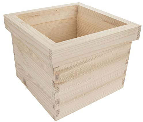 WooDeeDoo Medium Square Wooden Planter Box – Decorative Rim Indoor Herb Pot Rustic Flower Holder – Unfinished Pine Craft Container for Windowsill Storage Display DIY Painting – 20 x 20 x 15 cm