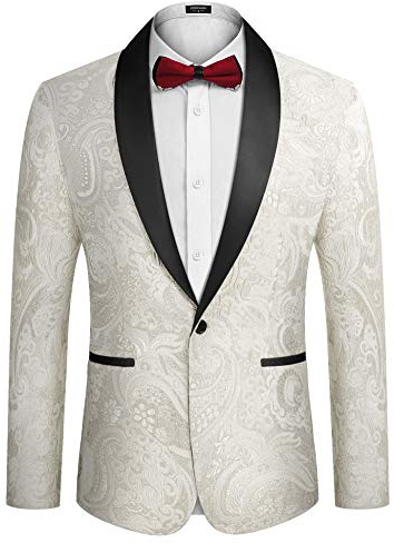 COOFANDY Blommig smokingjacka för män, smal passform, lyxig broderad klänning, kostym, jacka för fest, middag, bröllop, Vitt, M