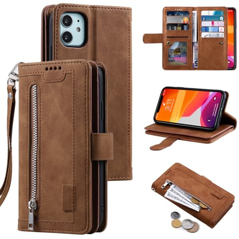 UEEBAI Hülle für iPhone 12 Mini, Retro Leder Klapphülle, Braun | Premium PU Handyhülle Magnetische Lederhülle mit 9 Kartenfächer Standfunktion Geldbörse Trageband Schutzhülle Wallet Case