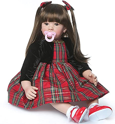 ZIYIUI Reborn Baby Puppe Mädchen 60 cm Reborn Babies Puppen aus weichem Silikon Vinyl realistisch Karierter Rock für langes Haar Kleinkind Spielzeug Geschenke für Kinder ab Reborn Babys