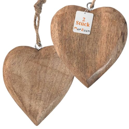 Marzoon 2X Holz Anhänger Herz je 10 x 9,5 cm - Massiv Holzherzen zum Hängen - Holz-Deko für Fenster - Vintage Deko für Geschenke - Mini-Deko - Mitbringsel
