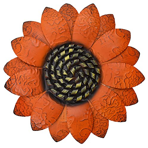 EASICUTI Orangene Sonnenblume Metall Blumen Wanddekoration Metall Wandkunst Dekorationen zum Aufhängen für Innen Außen Zuhause Badezimmer Küche Schlafzimmer Wohnzimmer Garten Terrasse Veranda 33 cm