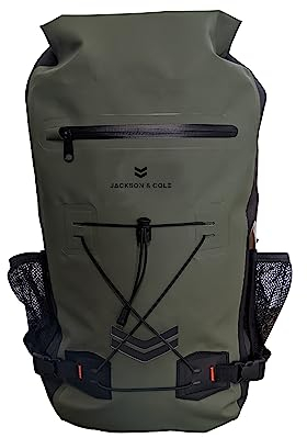Jackson & Cole Waterproof Backpack - 25L Dry Bag Backpack - Rolltop, Welded Seams, Reflective, Elastic Webbing for Watersports, Motorcycling, Kayaking, Hiking, Fishing (Green)