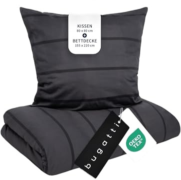 bugatti Bettwäsche 155x220 cm - Satinbettwäsche anthrazit/schwarz, 100% Baumwolle, 2 teilig mit Reißverschluss