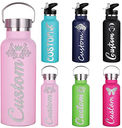Personalisierte Edelstahl Wasserflaschen mit Strohhalm Individuelle Isolierte Wasserflasche Gravur mit Namen oder Text (350ml/750ml, 7 Farben)