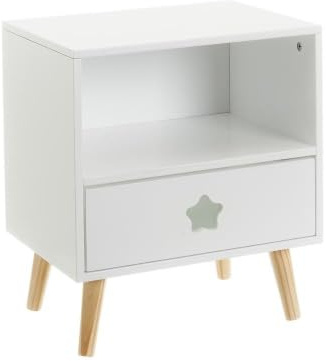 LOLAhome Mesita de Noche Infantil de Madera de Pino Blanca de 40x30x50 cm | Precioso detalle de estrella tallada. Con cajón y guías metálicas para organizar objetos y dar un toque dulce al cuarto.