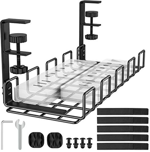 REFLYING No Drilling Under Desk Cable Management Tray, Upgraded Cable Tray with Clamp for Desk, Sturdy Metal Wire Management Raceway Tray for Power Strips, Black, 1 Pack