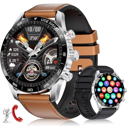 LIGE Smartwatch Herren 1.43 Zoll AMOLED-Display, Smartwatch mit Bluetooth Telefonie und Sprachassistenz, Herzfrequenz, SpO2, 124 Sportmodi, Fitnessuhr Smart Watch für Android iOS
