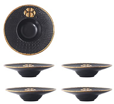 Juego De 4 Platos De Cerámica, Plato Hondo Redondo con Forma De Sombrero De Paja Creativo, El Borde Chapado En Oro Está A La Moda Y Es Lujoso, Puede Contener Pasta Y Ensalada,Negro