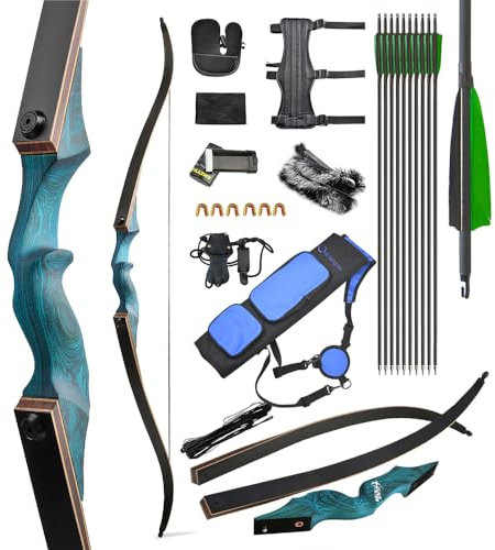 surwolf 60 Zoll Bogenschießen Jagdbogen Recurve Bogen 20-60 lbs Takedown Recurve Bogen Adult Sports Bow Langbogen Bogenschießen Bogen und Pfeil Set für Rechtshänder（Blau Set,25lbs）