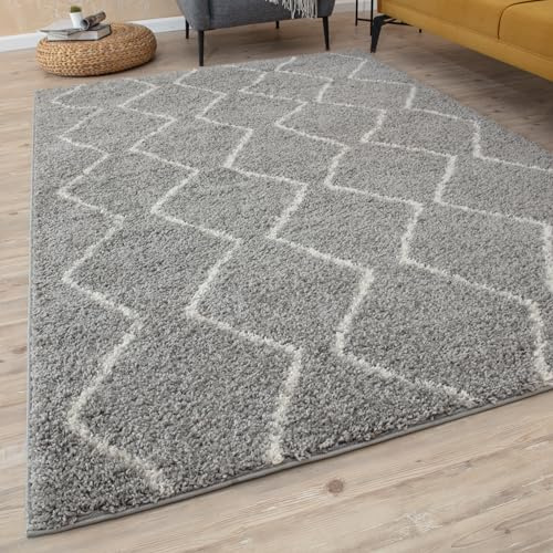 THE RUGS Modern Moroccan Design Living Room and Bedroom Rugs, Non-Shedding & Easy Care (Boho Grey/Ivory, 60x110 cm)