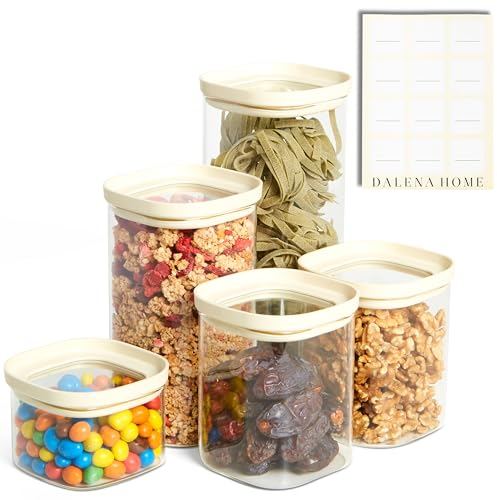 Dalena Home Set de 5 Tarros de Cristal con Tapa de Vidrio Borosilicato resistente + Etiquetas (1x 2000ml, 1x 1500ml, 2x 1000ml, 1x 500ml) - Botes Herméticos y Apilables - Botes Cocina Almacenaje