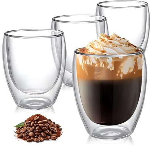 TECOHORS 8 Ounces Set of 4 Double Walled Glass Coffee Mugs Insulated Layer Coffee Cups Borosilicate Glass Espresso Double Insulated Clear Glass Coffee Mug for Hot Beverages