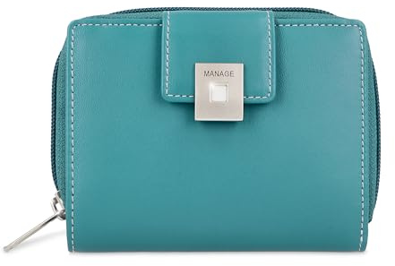 MANAGE Premium Geldbörse Damen Türkis - RFID NFC Schutz - Geräumiges Echtleder Portemonnaie Frauen mittelgroß - Leder Geldbeutel viele Fächer mit Reißverschluss (Türkis)