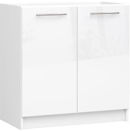 AKORD Oliwia S80 Armoire de cuisine sous l'évier avec 2 portes et 1 étagères, meuble bas de cuisine 80 cm de large, 46 x 80 x 82 cm, blanc et blanc brillant