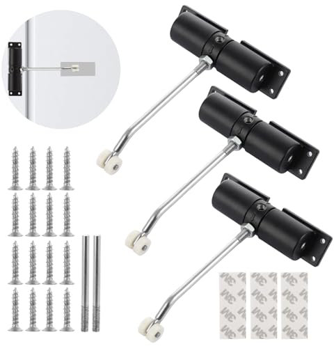 LOPYXBR 3PCS Door Closers for Interior Door, 16.5x12.8x3.2CM Automatic Door Closer, Black Gate Spring Closer with Adjusting Rod and Screws, Quiet Auto Door Closer for Interior Door Room, Gate