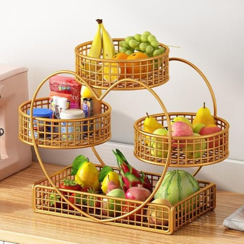 JUNYFFF 4 Ripiani Porta Frutta da Tavolo, Cestini per Frutta A 4 Livelli, Metallo Carrelli Cesto per Frutta Moderno, Cestino Portafrutta Decorativo E Espositore per Conservare Verdura Snack,d'oro
